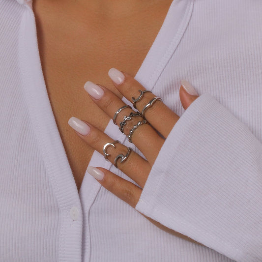 R766 Simple metal ring retro old ring crescent leaf joint ring set