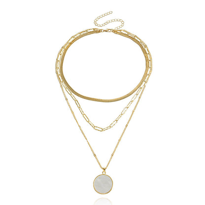 Jewelry trend multi-layer flat snake chain imitation mother-of-pearl pendant necklace female niche high-end necklace light luxury