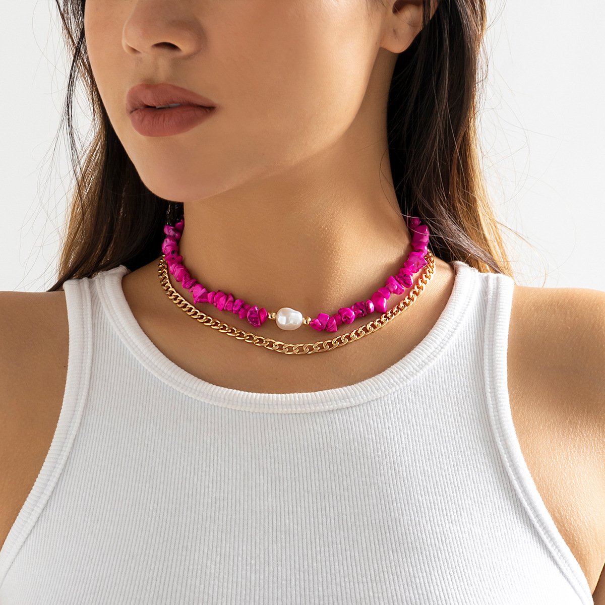 Jewelry Fashion Ethnic Double Layered Turquoise Necklace Hip Hop Sweet Cool Metal Chain Necklace