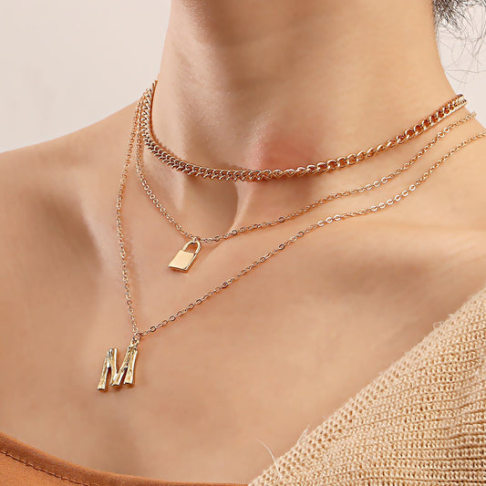 Explosive multi-layer necklace female fashion letter M pendant necklace multi-layer personalized padlock accessories