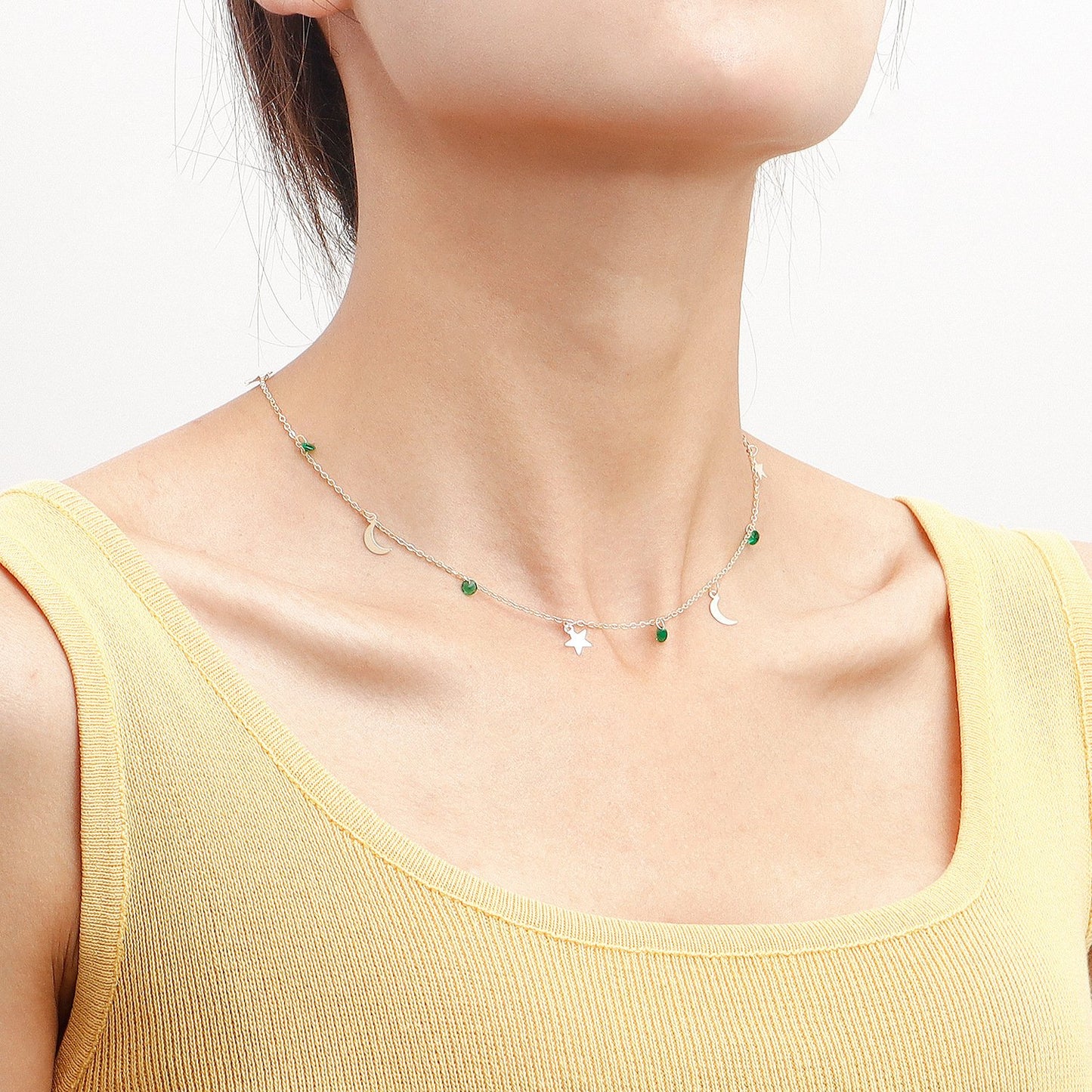 Jewelry Simple Necklace Green Crystal Star Crescent Pendant Necklace Female Light Luxury Niche