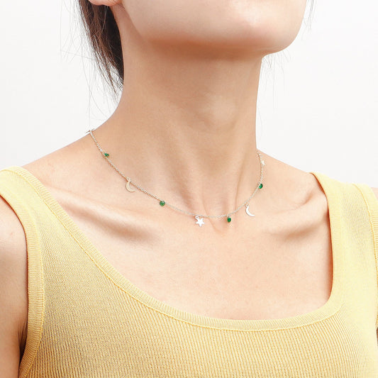 Jewelry Simple Necklace Green Crystal Star Crescent Pendant Necklace Female Light Luxury Niche