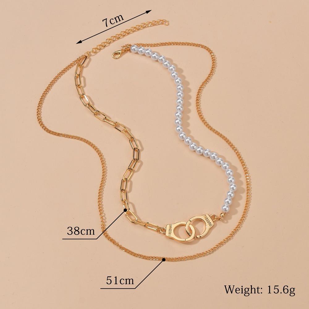 Fashion Alloy Handcuffs Asymmetrical Multilayer Necklace Simple Imitation Pearl Necklace Accessories