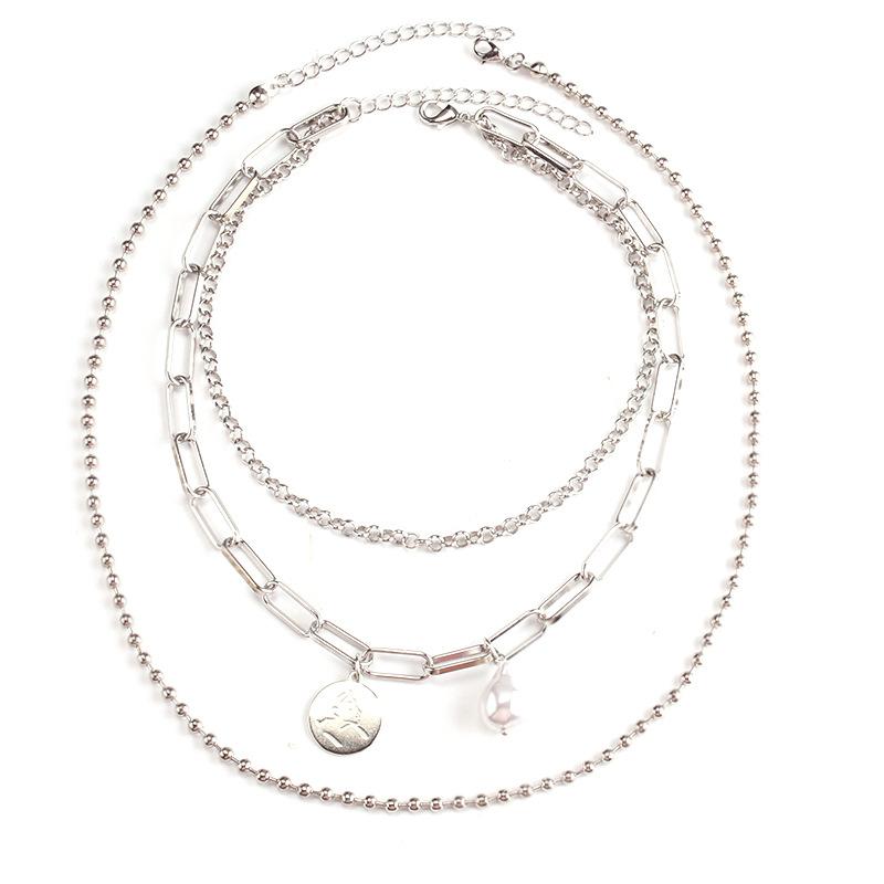 Fashion special-shaped pearl portrait coin decoration ins cold temperament double-layer set chain