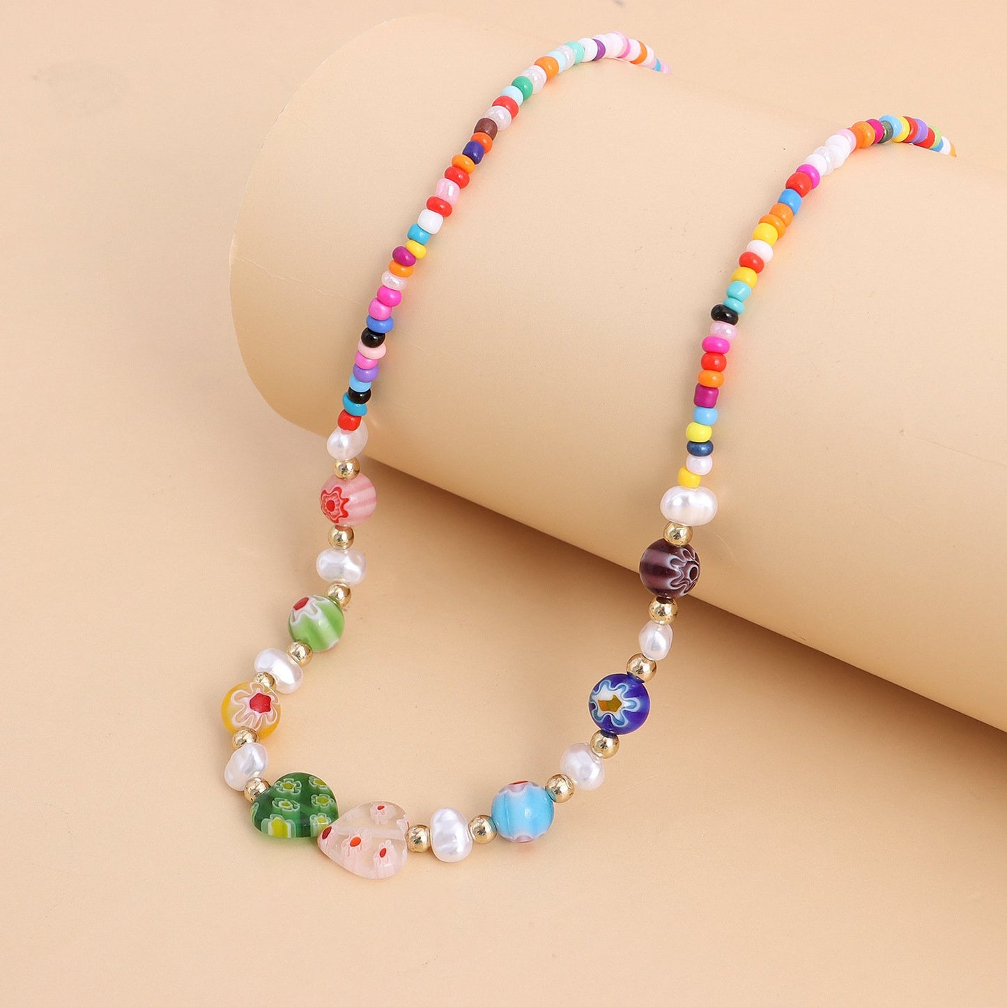 Jewelry Bohemian Fairy Color Rice Bead Glass Flower Love Freshwater Pearl Necklace Female