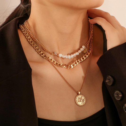 Jewelry Fashion Metal Pearl Mix and Match Three Layers Chain Necklace Hip Hop Rose Embossed Coin Pendant