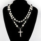 Fashion Vintage Ethnic Double Glass Pearl Pendant Simple Diamond Cross Necklace