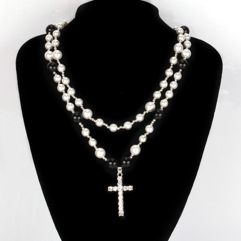 Fashion Vintage Ethnic Double Glass Pearl Pendant Simple Diamond Cross Necklace