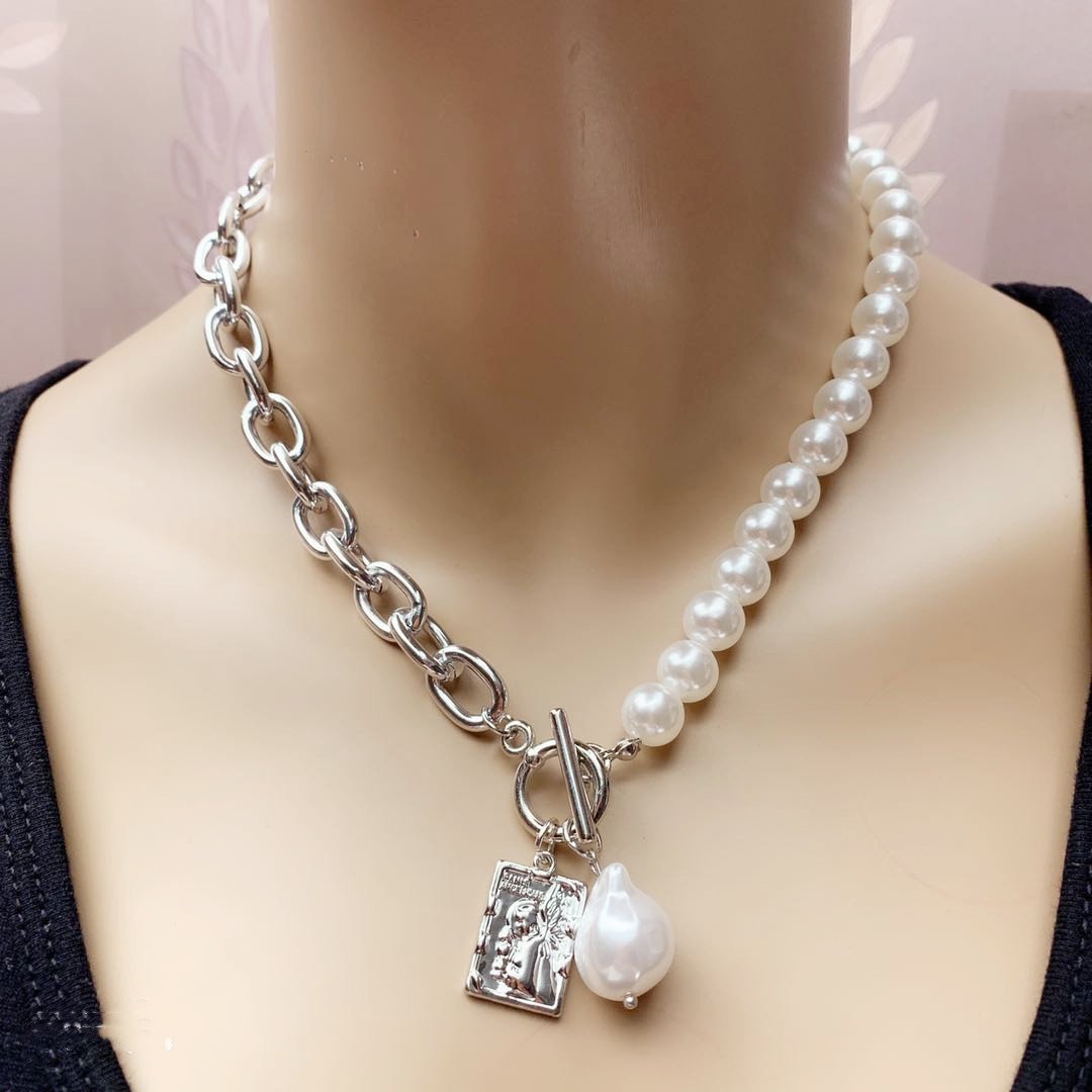 Baroque Pearl Jewelry Metal Butterfly Set Chain Retro Simple OT Buckle Necklace Multilayer Sweater Chain Necklace Female