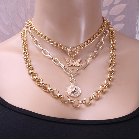 Punk street portrait coin pendant metal exaggerated thick chain butterfly multi-layer necklace