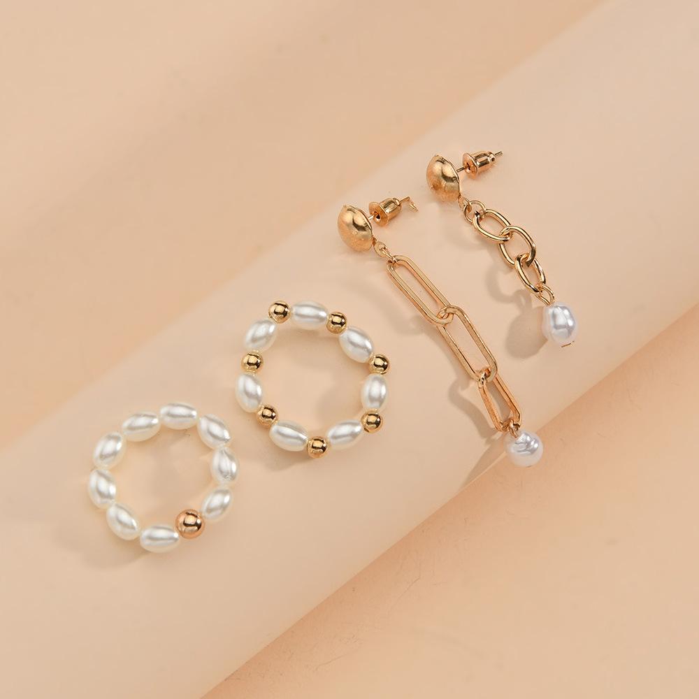 Fashion Temperament Imitation Pearl Ring Chain Earrings Set Ornament Accessories