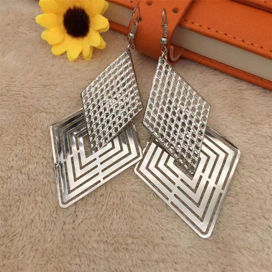 Rhombus Hollow Long Earrings Ladies Multi-level Metal Earrings Exaggerated Geometric Earrings