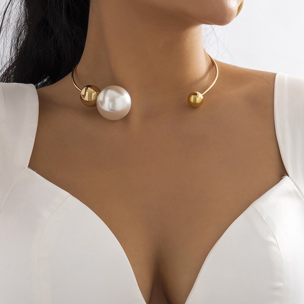 Jewelry Personality Metal Ring Necklace Necklace Simple Asymmetric Imitation Pearl Bead Necklace Female