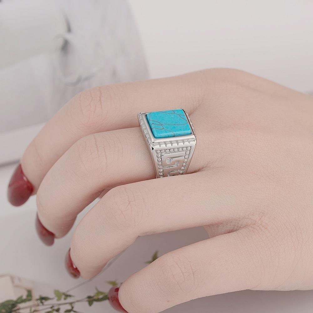 Turquoise Titanium Steel Ring Retro Micro-set Gemstone Stainless Steel Couple Ring Jewelry