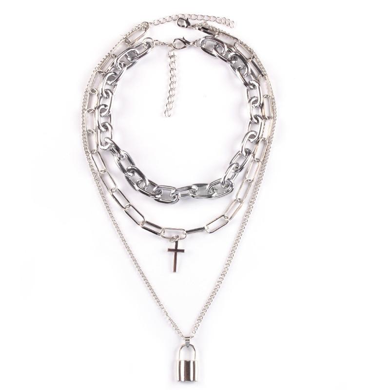 Exaggerated silver cross padlock alloy pendant multi-layer set chain hip-hop dark necklace