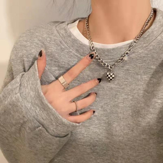 Checkerboard Peach Heart Love Necklace Women's Fashion Titanium Steel Clavicle Chain Sweater Chain Cold Trendy