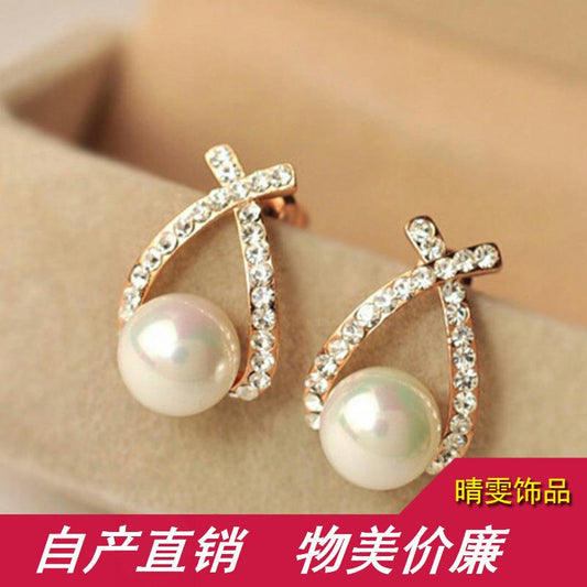 Cross Pearl Flash Diamond Earrings Exquisite Fashion Earrings Mixed Batch 2 Yuan Pearl Jewelry