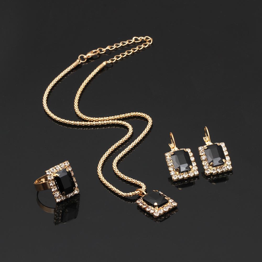 Bride Wedding Dress Female Accessories Square Diamond Gold Pendant Earrings Ring Three-Piece Set
