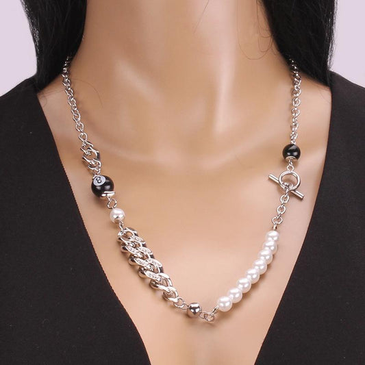 Short sweater chain hip-hop glass pearl diamond necklace stitching OT buckle stainless steel necklace