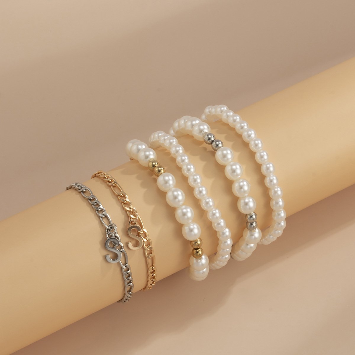 Jewelry Trend Letter S Pendant Imitation Pearl Bracelet Sweet Cool Stacked Metal Chain Hand Jewelry Female