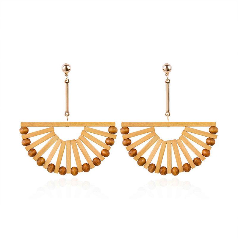 2E3841 Seaside Vacation Fashion Ethnic Fan-shaped Personality Earrings Female Retro Wooden Long Earrings