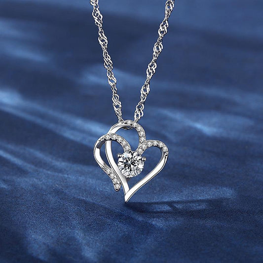 Fashion Women's Double Heart Shape Diamond Pendant Necklace Wedding Valentine's Day Accessories