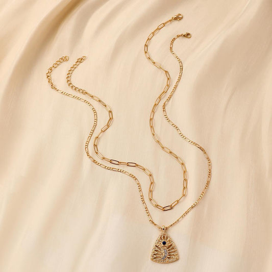 Ins personalized trend design high-end clavicle chain double-layer triangular hollow eyes moon dripping oil necklace female