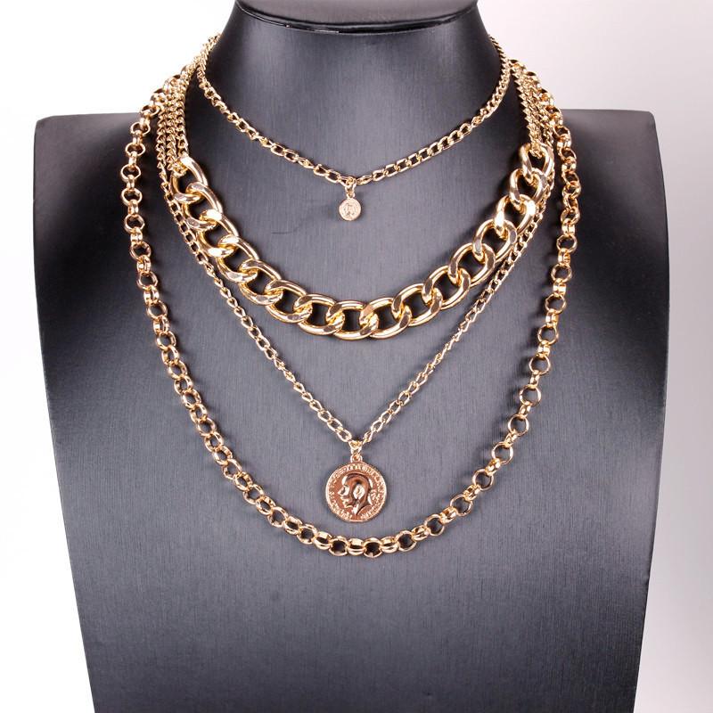 Necklace punk street portrait coin pendant metal exaggerated thick chain multi-layer necklace