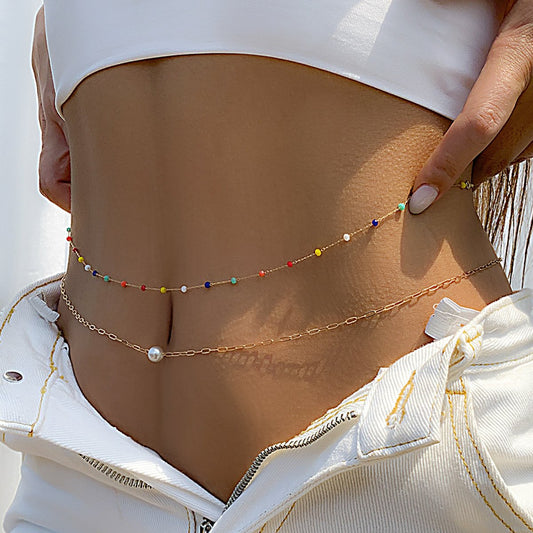 Jewelry Creative Cross Thin Chain Body Chain Simple Color Imitation Crystal Imitation Pearl Double Layer Waist Chain