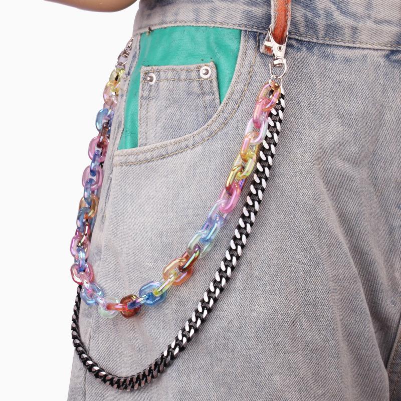 Punk Geometric Colorful Acrylic Waist Chain Metal Black Chain Multilayer Fashion Hip Hop Pants Chain