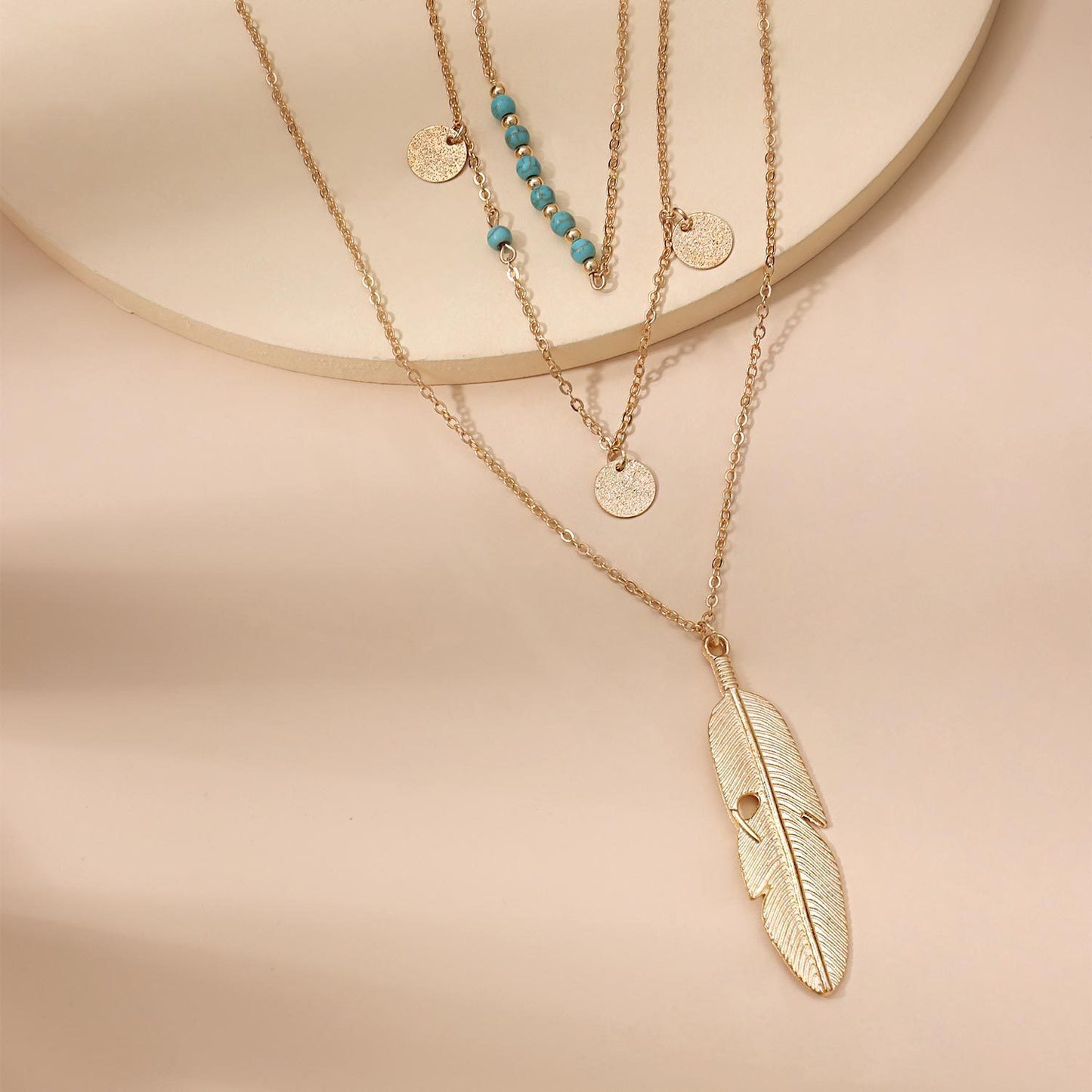 Jewelry Fashion Feather Turquoise Bead Sequin Multilayer Necklace Women's Street Shoot
