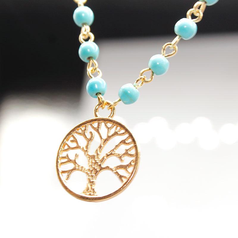 Simple White Tower Handmade Beaded Turquoise Lucky Tree Ladies Tassel Necklace