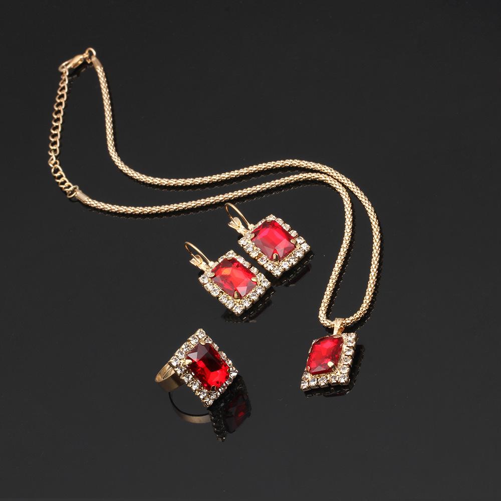 Bride Wedding Dress Female Accessories Square Diamond Gold Pendant Earrings Ring Three-Piece Set