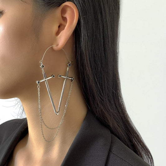 Jewelry exaggerated retro metal sword-shaped stud earrings female punk trendy cool geometric thin chain earrings