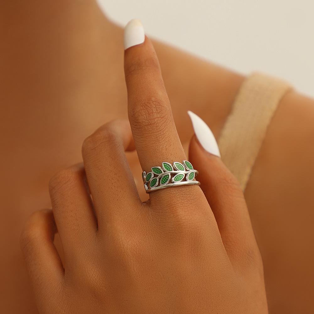 Retro fashion stainless steel dripping oil green leaves wheat ears opening ring personalized titanium steel ring female jewelry