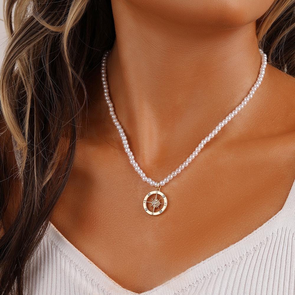 Fashion temperament small fresh short pearl anchor coin star necklace