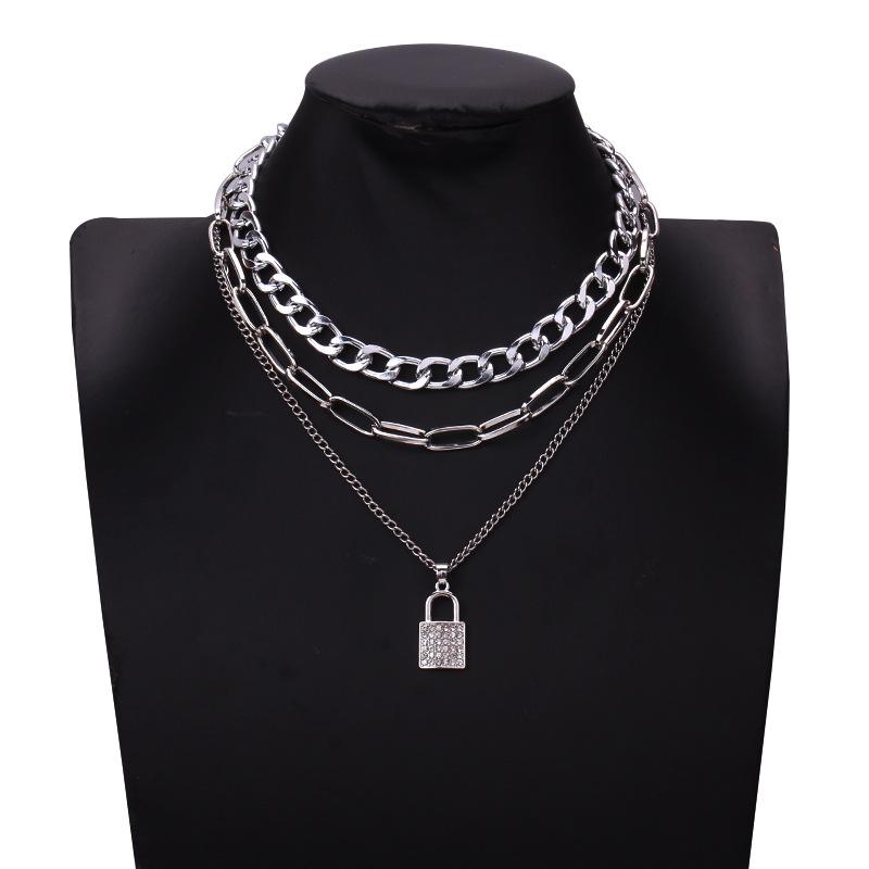 Jewelry thick chain multi-layer necklace punk temperament diamond padlock pendant multi-layer clavicle chain