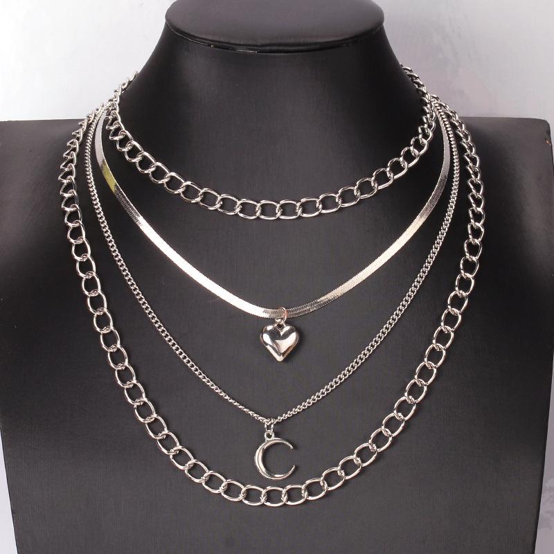 High-end multi-layer metal clavicle chain personality simple and indifferent peach heart moon pendant necklace