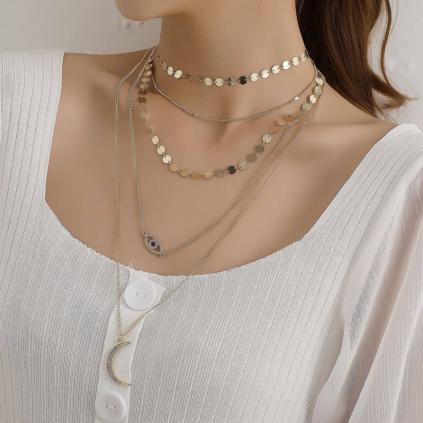 Jewelry Fashion Diamond Crescent Pendant Necklace Female Retro Multi-layer Round Geometric Sequins Necklace