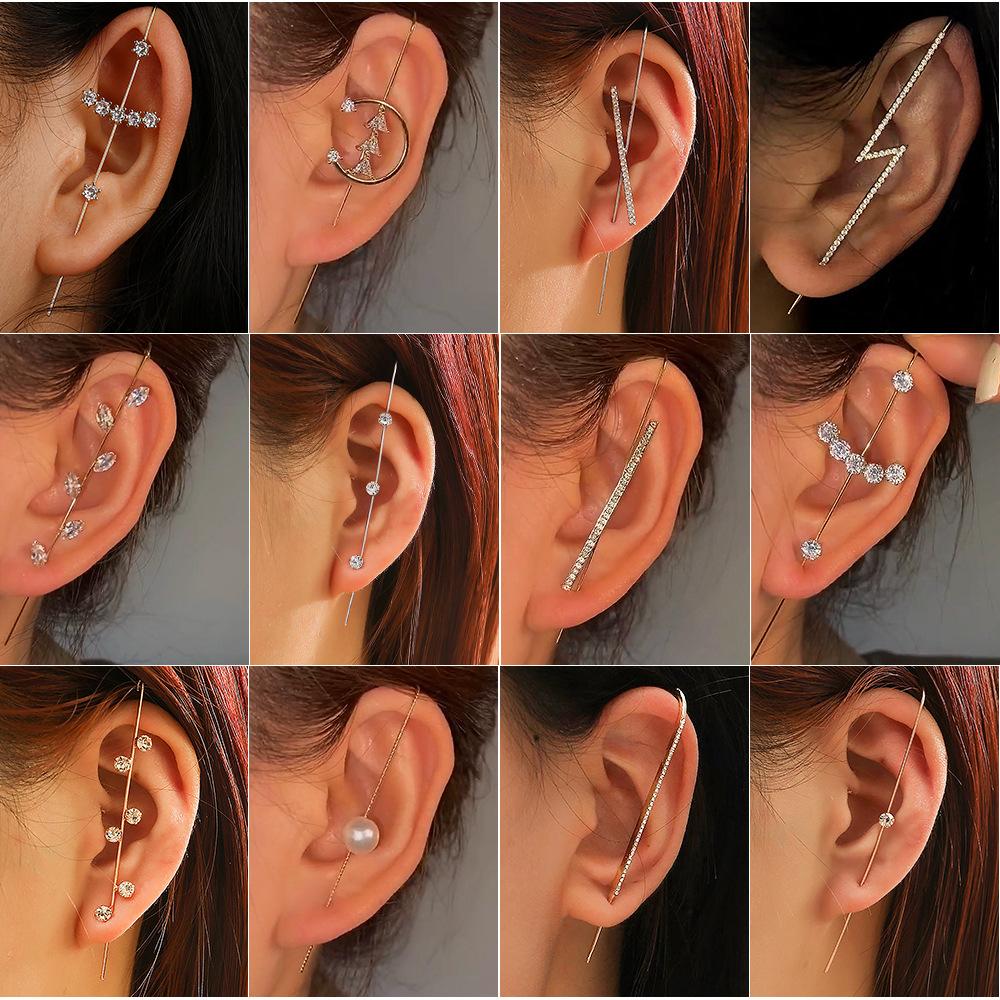 Cold inlaid diamond ear hanging personality simple piercing ear needle female lightning leaf auricle slash earrings