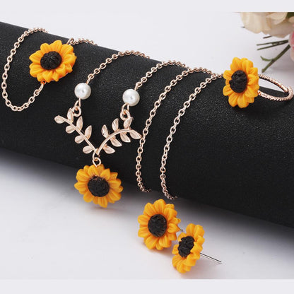 Jewelry creative sunflower necklace sunflower earrings ring flower bracelet four-piece set