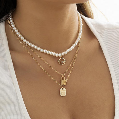 Jewelry Imitation Pearl Woven Pendant Necklace Planet Micro-inlaid Lock Letter Multilayer Necklace Female