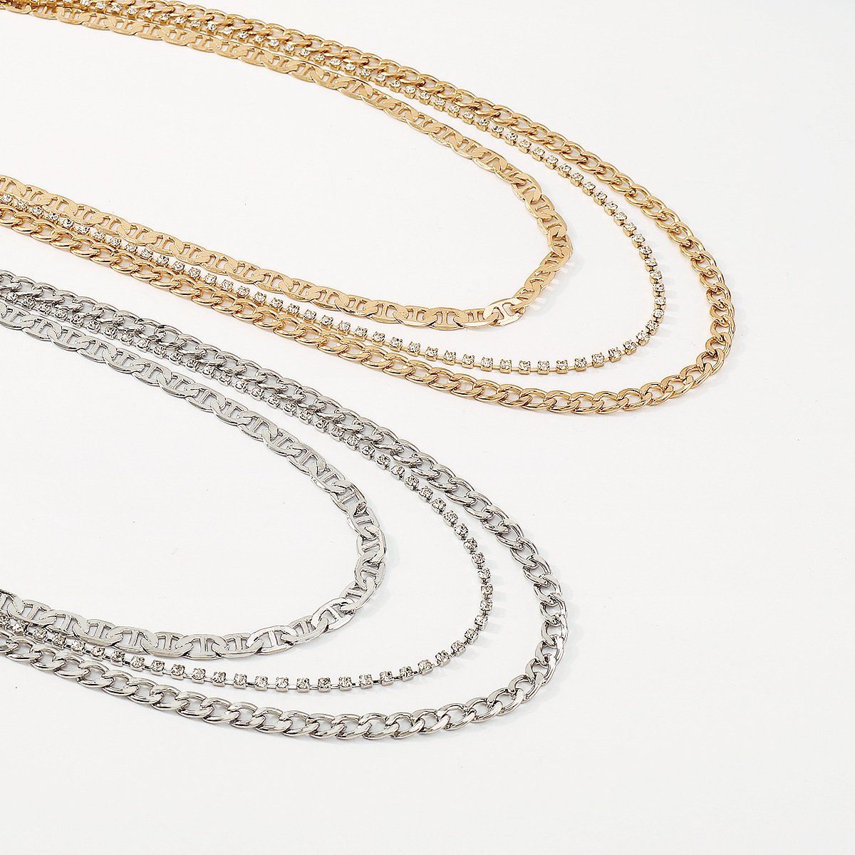 1675 Retro Stacked Hip-Hop Multilayer Necklace Exaggerated Metal Sweet Cool Street Shot Geometric Rhinestone Necklace