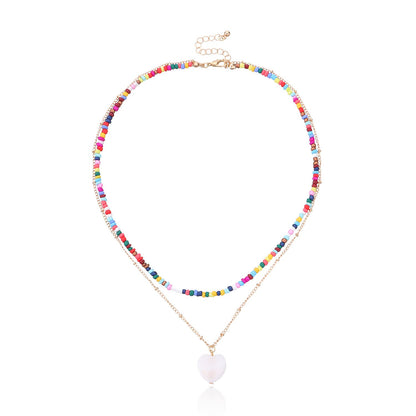 Jewelry Fashion Colorful Rice Beads Heart Shell Necklace Women's Double Layer Versatile Personality Handmade Necklace