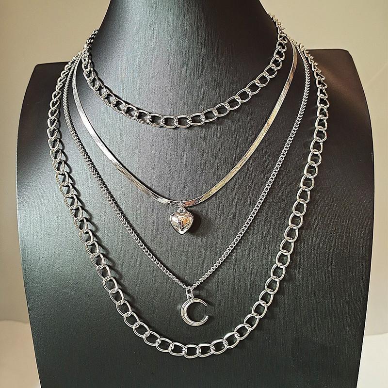 Jewelry geometric multi-layer love moon pendant necklace female retro hip-hop lock necklace