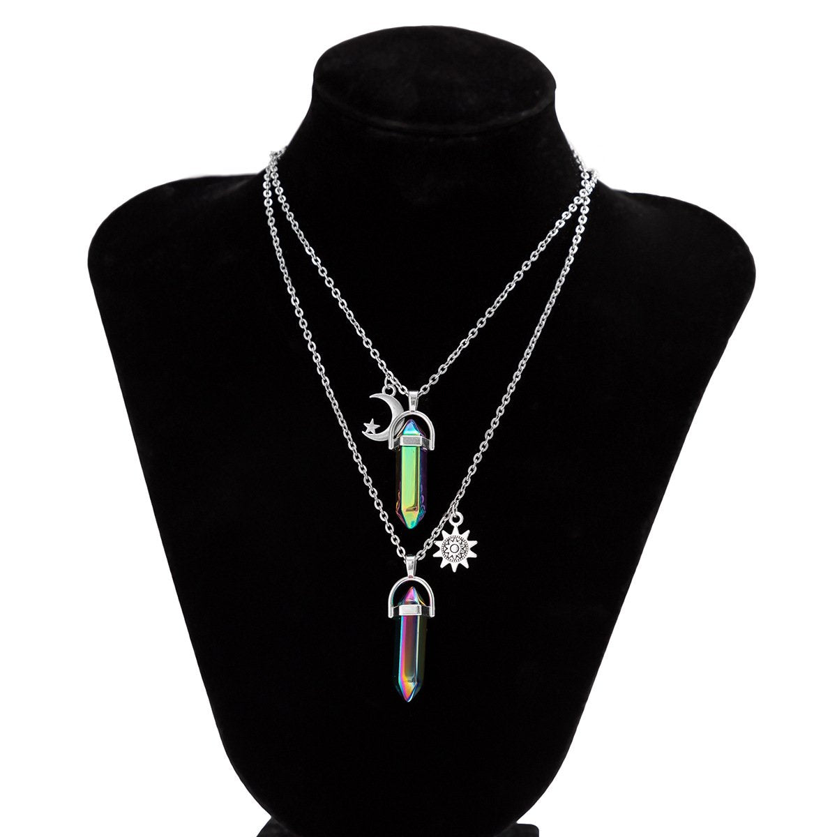 Jewelry personalized retro imitation crystal pendant double layer necklace sweet cool star moon sun multivariate necklace