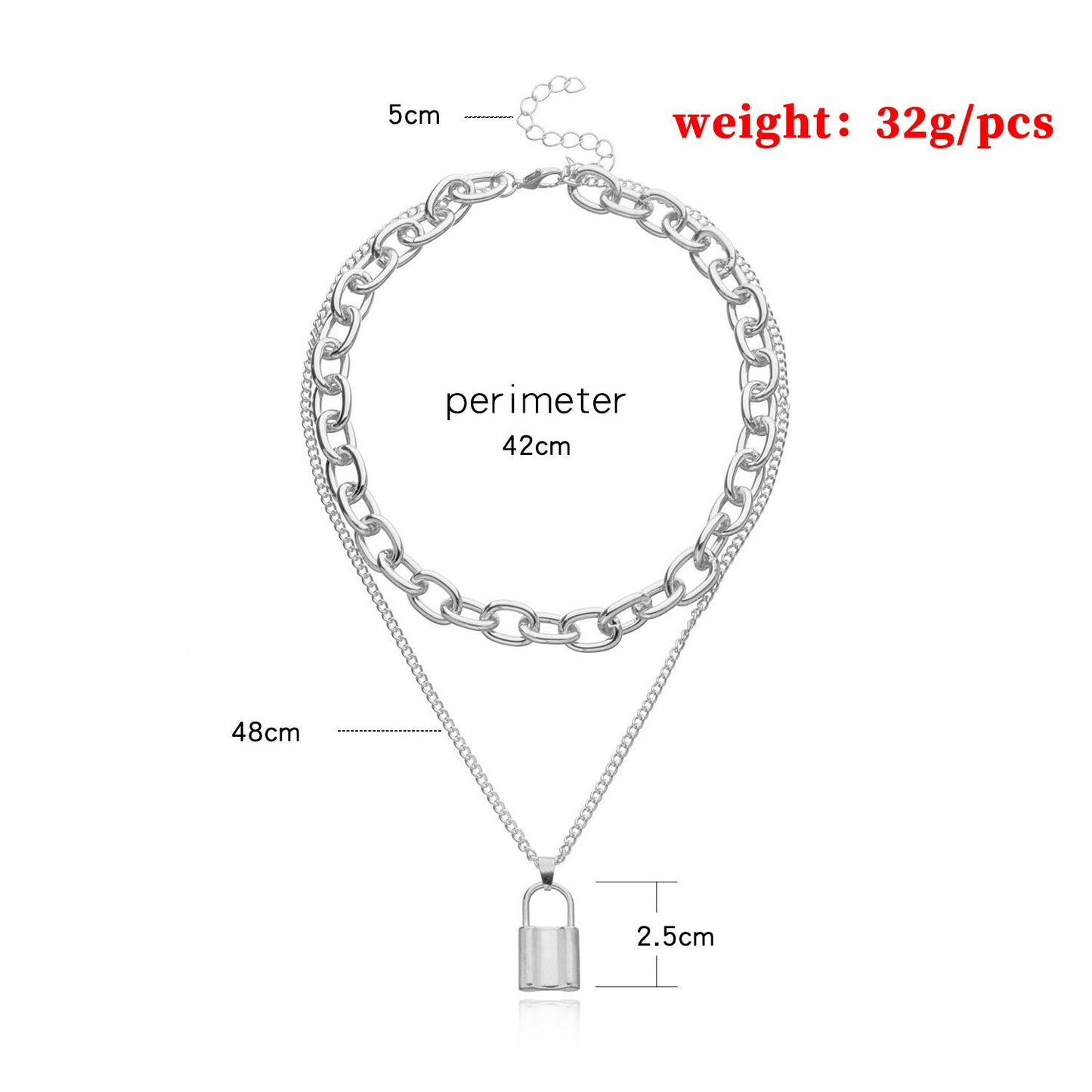 Jewelry Punk Aluminum Alloy Thick Chain Lock Pendant Necklace Ladies Street Retro Double Layer Necklace