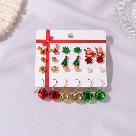 Christmas set earrings Santa Claus dripping oil earrings bells Christmas tree earrings 12-piece set card earrings
