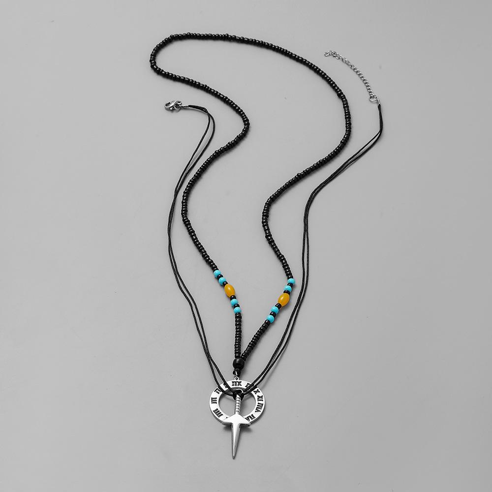 Personality Men's Double Layer Stainless Steel Sword Circle Roman Numeral Pendant Rope Bead Necklace