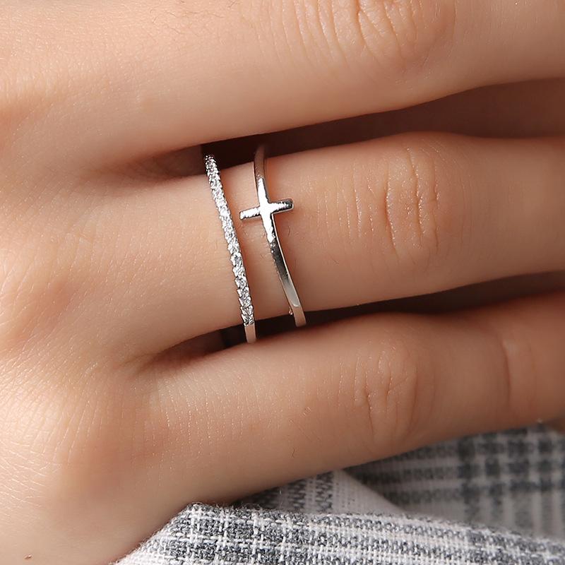 Rose gold cross gold-plated inlaid ring simple multi-layer open ring